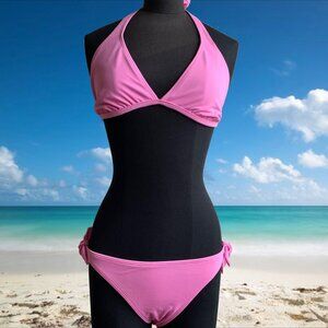 Billabong BLUE CRUSH era Vintage bikini pink D cup solid halter top set RARE